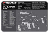 TekMat Sig Sauer P229 gun cleaning mat laid out on a workbench